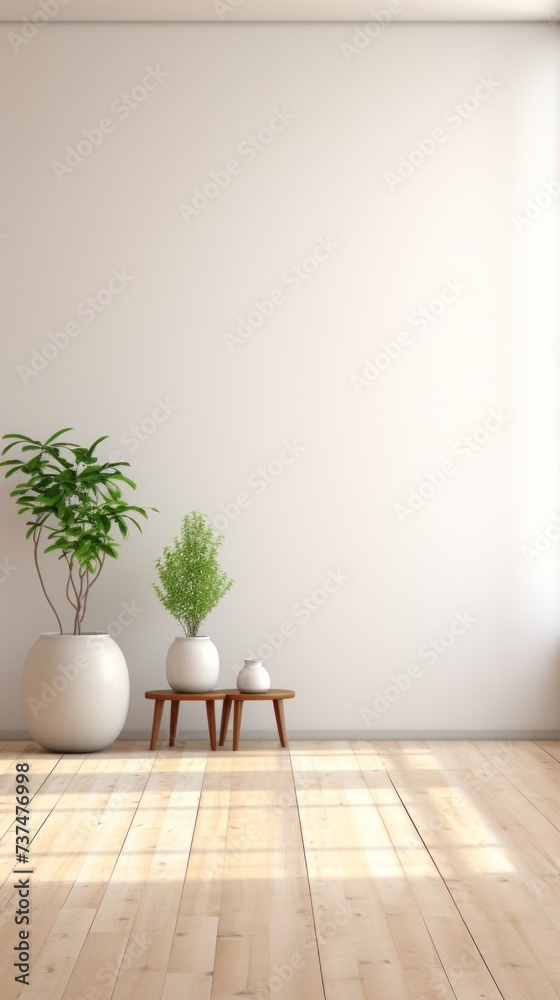 An empty room with a wooden floor and two plants in pots