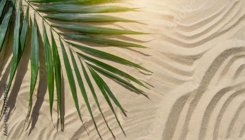 top view of tropical palm leaf shadow on sand color background minimal summer concept flat lay