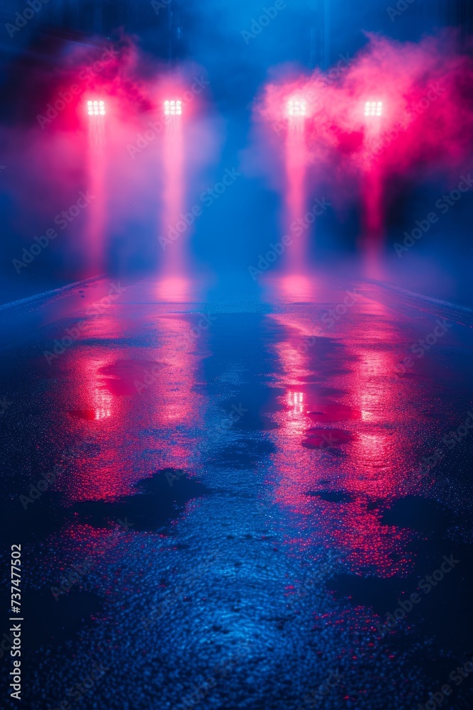 Spotlight on the wet asphalt road at night with pink and blue neon lights illuminating the foggy atmosphere