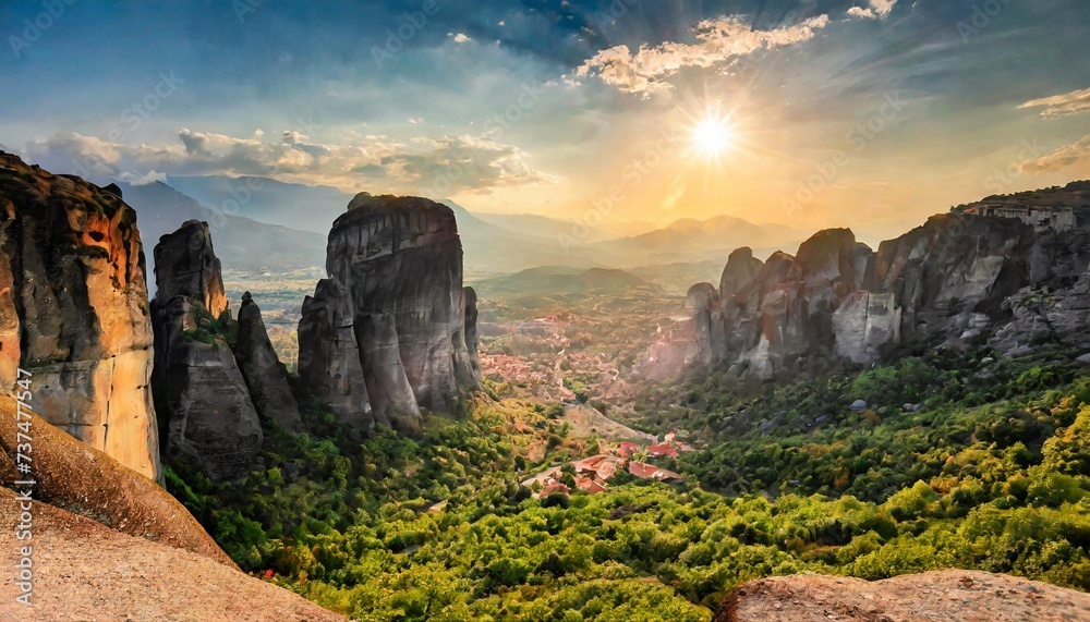 panoramic landscape of meteora greece at romantic sundown time with real sun and sunset sky meteora incredible sandstone rock formations the meteora area is on unesco world heritage