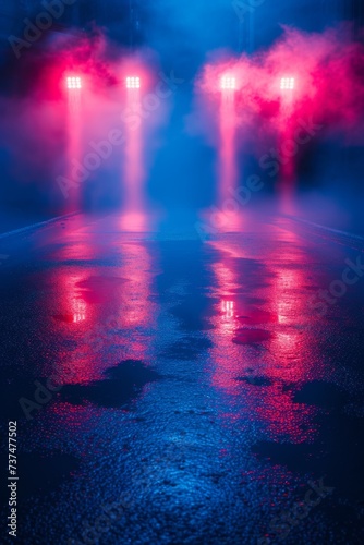 Spotlight on the wet asphalt road at night with pink and blue neon lights illuminating the foggy atmosphere