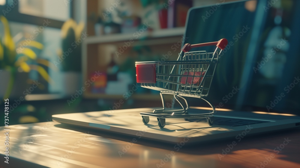 Concept of online purchasing with a small shopping cart in front of a laptop