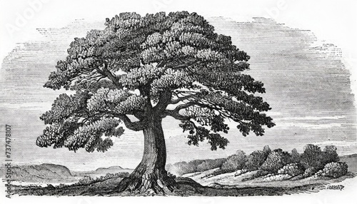 sessile oak quercus petraea engraved antique illustration from brockhaus konversations lexikon 1908 photo