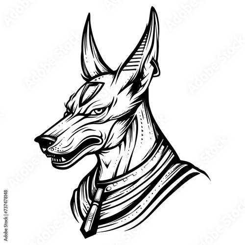 Intricate Anubis Profile Tattoo Design, Striking Black Ink Illustration