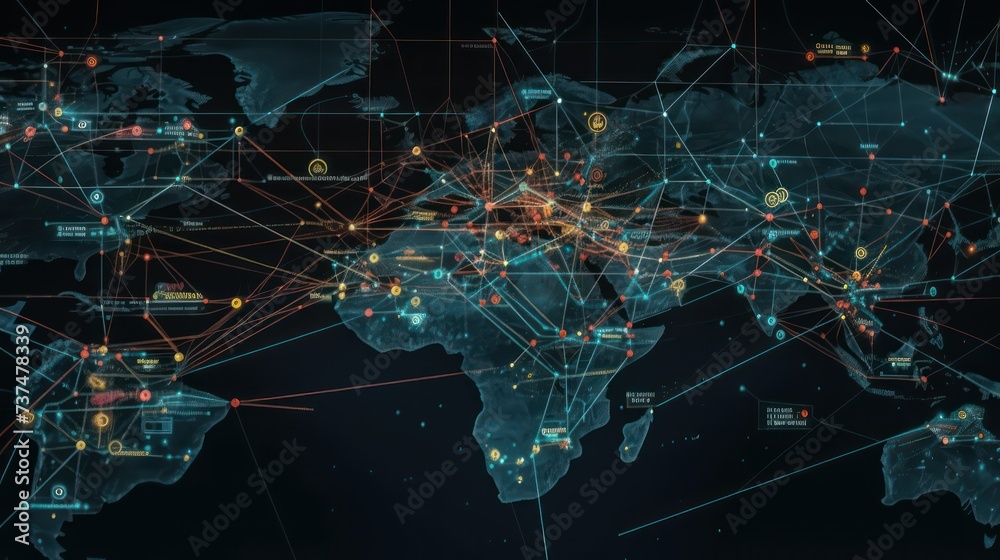 technology network world map on blue background, global communication network concept - obrazy, fototapety, plakaty 