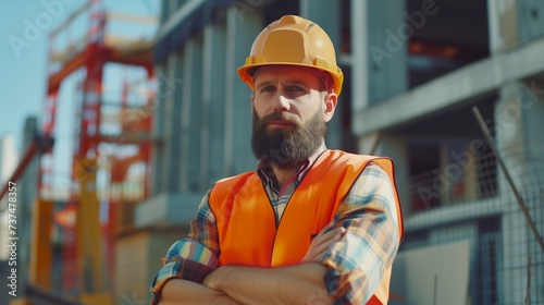 Caucasian bearded construction worker with safety helmet on head in vest standing with arms crossed at construction site