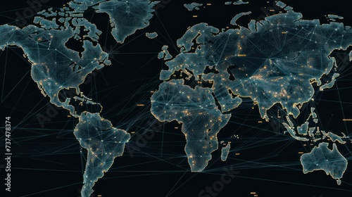 technology network world map on blue background, global communication network concept
