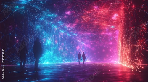 People walking through a tunnel of colorful lights