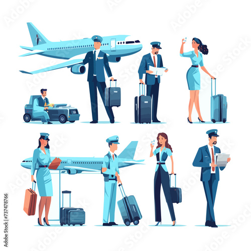 Airport staff. Aircraft crew, security employee in airline uniform check people baggage, stewardess with trolley and airplane pilot, job aviation service classy vector illustration
