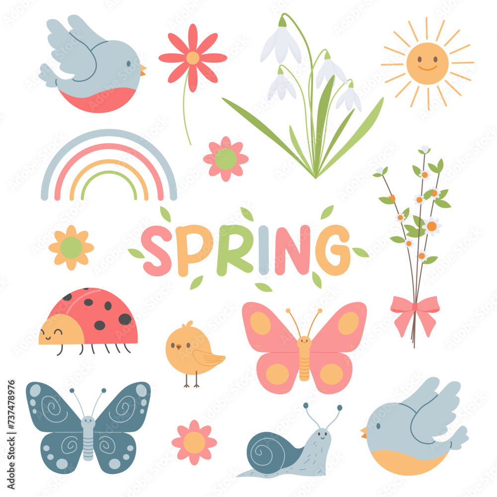 Spring set. flowers and birds, insects. flat Vector illustration Spring set. flowers and birds, insects. flat Vector illustration