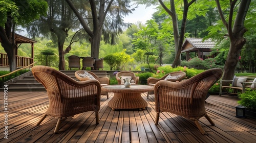 Huge wooden-floored terrace patio in the garden furnished with rattan garden chairs. © Scott
