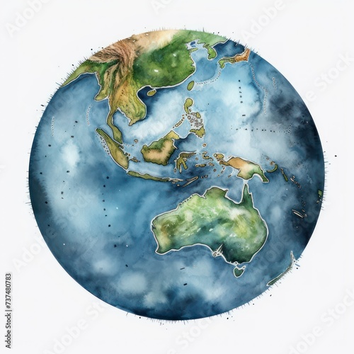 earth globe with Australia and southwest of asia in the style of watercolor blue and green colors on white