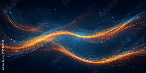 An abstract cosmic scene with swirling orange and blue light patterns against a dark starry background