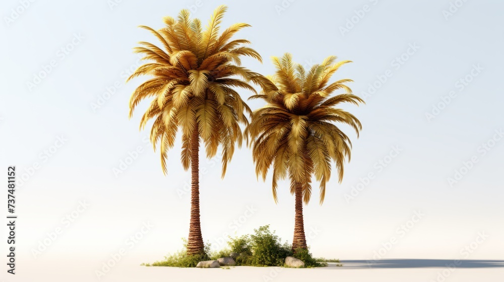 Fototapeta premium Two golden palm trees on a small patch of grass in a sandy area with a bright white background