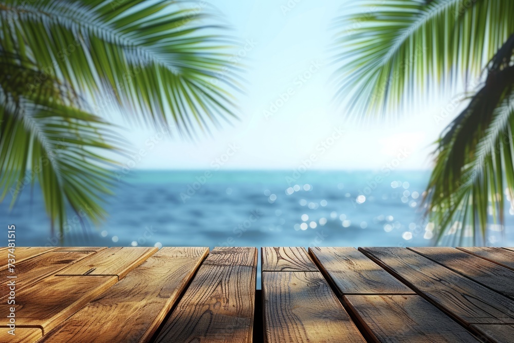 An empty wooden dock with palm trees in the background
