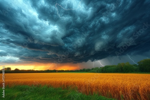 A vast golden wheat field is being illuminated by a setting sun while a storm rages in the background