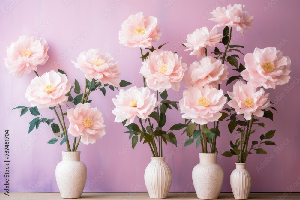 Pink peonies in white vases against a pink background Pink peonies in white vases against a pink background