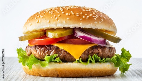 classic cheeseburger with cheddar cheese beef patty pickles onions ketchup and mustard isolated on white background