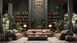 Modern living room interior with comfortable sofas, coffee table, bookshelves, plants and stylish decor