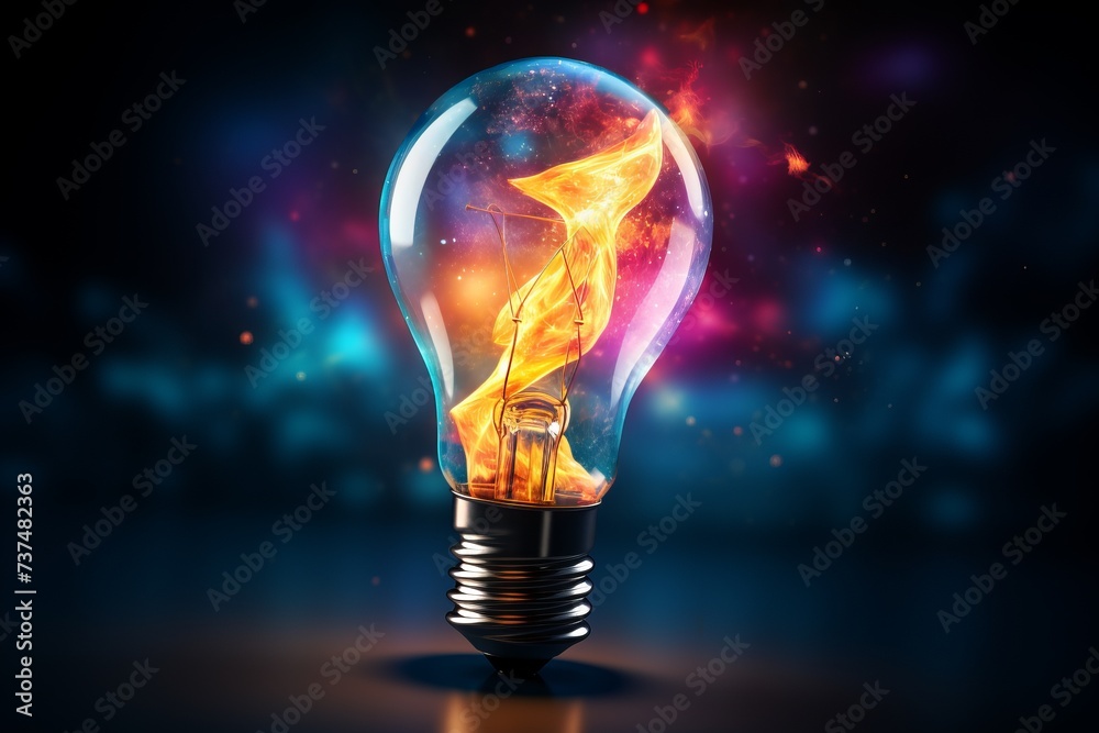 Light bulb with fire flame inside and colorful smoke Light bulb with fire flame inside and colorful smoke