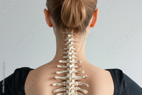 3D illustration of the human spine with a woman's back in the background