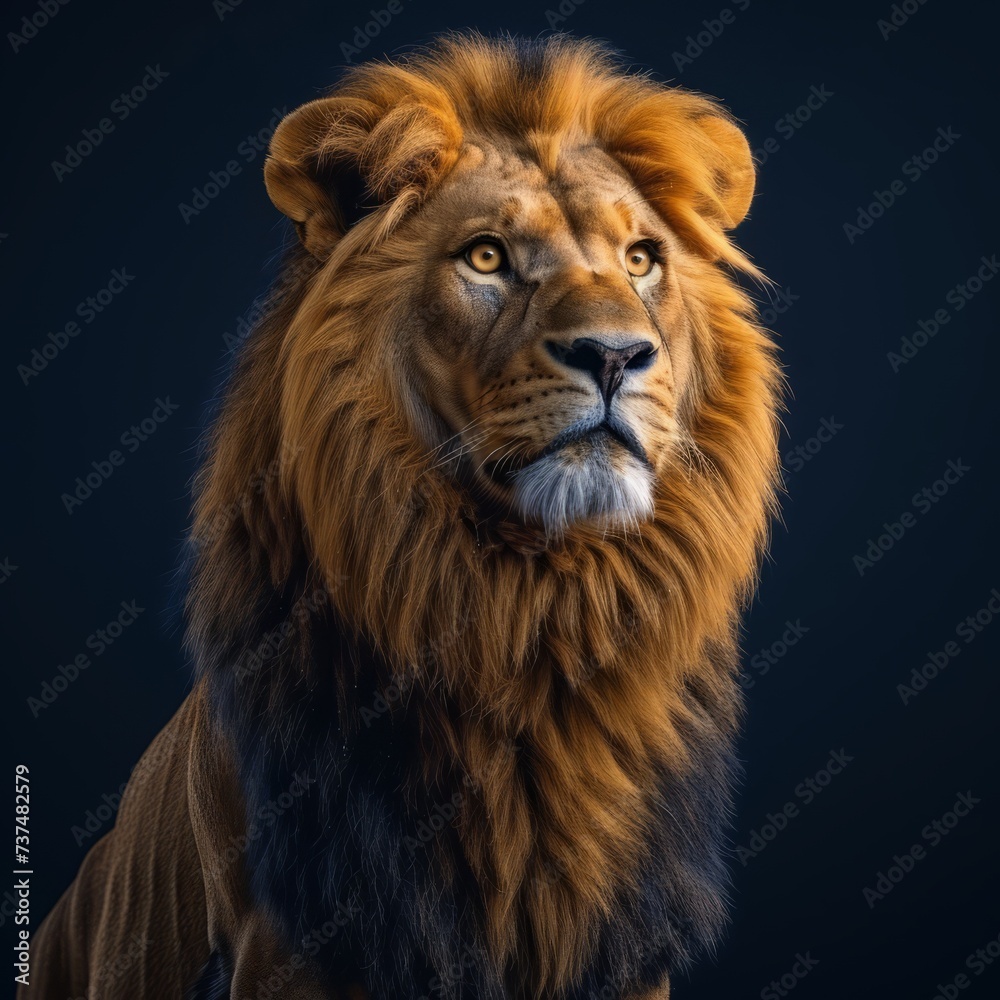 A majestic lion with a golden mane sits against a dark background
