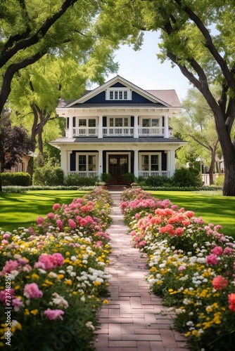 A beautiful house with a flower garden in front © Adobe Contributor