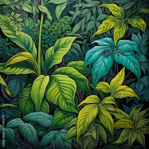 Green leaves of different plants in a lush tropical rainforest