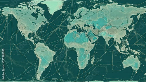 a aquamarine blue world map with a lot of connections, in the style of white indigo and green, social network analysis,  intricate composition, exacting precision, internet-inspired