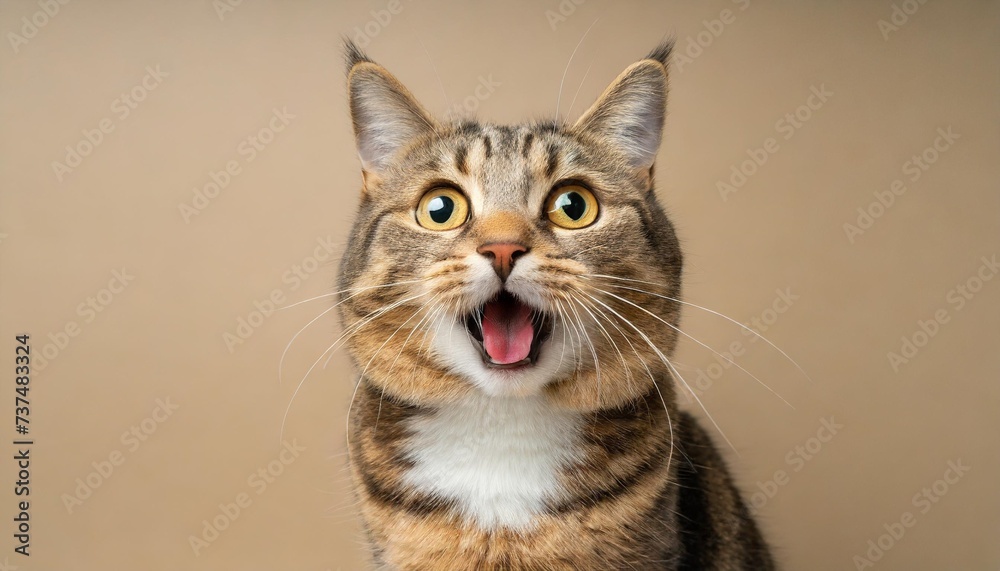 studio portrait of a cat shocked and surprised looking at camera with mouth open on beige background with copy space for advertisement