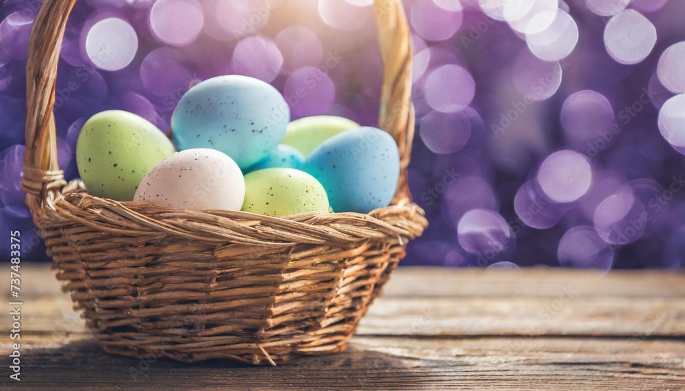 easter background eggs in a basket on a wooden table purple easter background banner with bokeh light