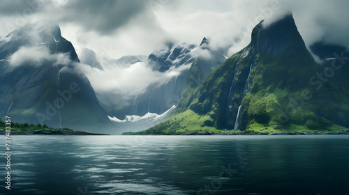 Breathtaking Scenery of Snow-Capped Fjord Mountains Under a Cloud-Filled Sky: A Testament of Natural Beauty and Power