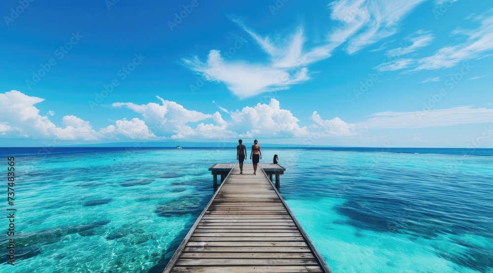 Romantic Couple Walking on Ocean Pier Towards the Horizon on a Tranquil Tropical Vacation - obrazy, fototapety, plakaty 
