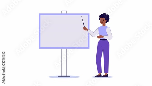 Woman character stands at empty flip chart board for presentation and points at it. copy space for text. mouth narration, lip sync. 2d modern cartoon style animation. template for explainer video