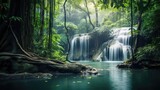 Jungle Rain Forest Scenic Landscape. Erawan Waterfall in Deep Tropical Jungle, Kanchanaburi