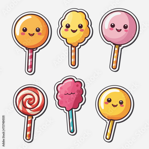 Cute cartoon lollipops and cotton candy with smiling faces in vibrant colors, perfect for a cheerful and whimsical theme.