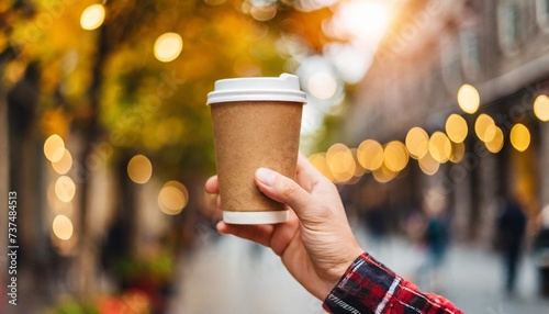 a woman man hand holding a blank paper coffee cup design mockup autumn brown colors cafe restaurant lights on background street background canva