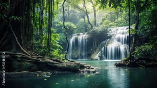 Jungle Rain Forest Scenic Landscape. Erawan Waterfall in Deep Tropical Jungle, Kanchanaburi