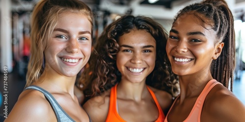 Smiling athletic young women standing together and posing in a fitness studio