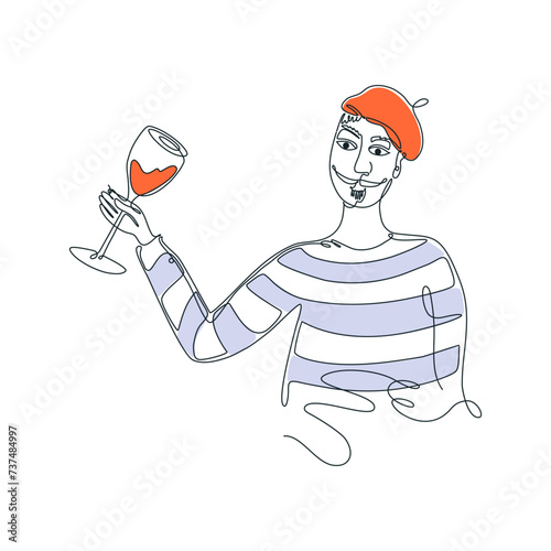 Frenchman with glass of wine. Stereotype outfit with beret and striped long sleeve. Line art drawing human portrait. Sommelier, cute character for card, banner, menu. Hand drawn vector illustration.