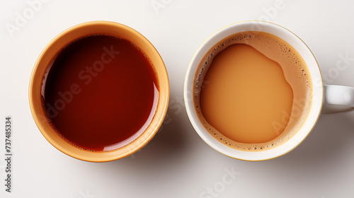 coffee cups with milk and steam isolated on white background. Morning concept. 