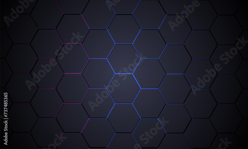 Dark gray 3D hexagonal technology vector abstract gaming background with blue and pink colored bright flashes under hexagon vector illustration. Dark gray honeycomb texture grid.