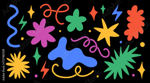Abstract cloud and flower shapes sticker pack. Groovy funky flower, bubble, star, loop, waves in trendy retro 90s 00s cartoon style. Vector illustration with wavy and spiral elements.