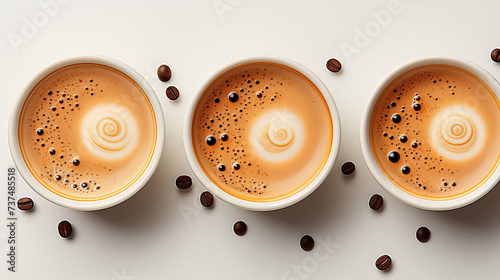 coffee cups with milk and steam isolated on white background. Morning concept.  Breakfast relaxation time concept. Different coffee mugs and cups photo