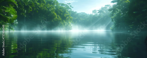 tropical rainforest river landscape  a mysterious temple in the jungle  