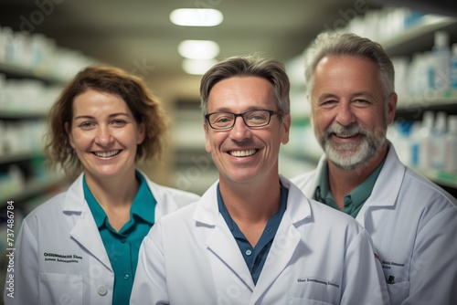a group of pharmacists are posing for a picture in a pharmacy