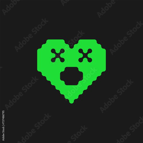Acid green color heart with crossed eyes icon. Rave psychedelic style.
