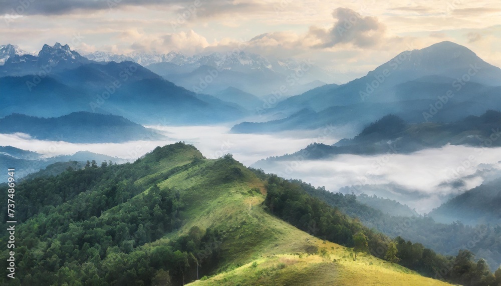 panoramic view of the mountains in the fog misty mountain scenery watercolor mountains landscape