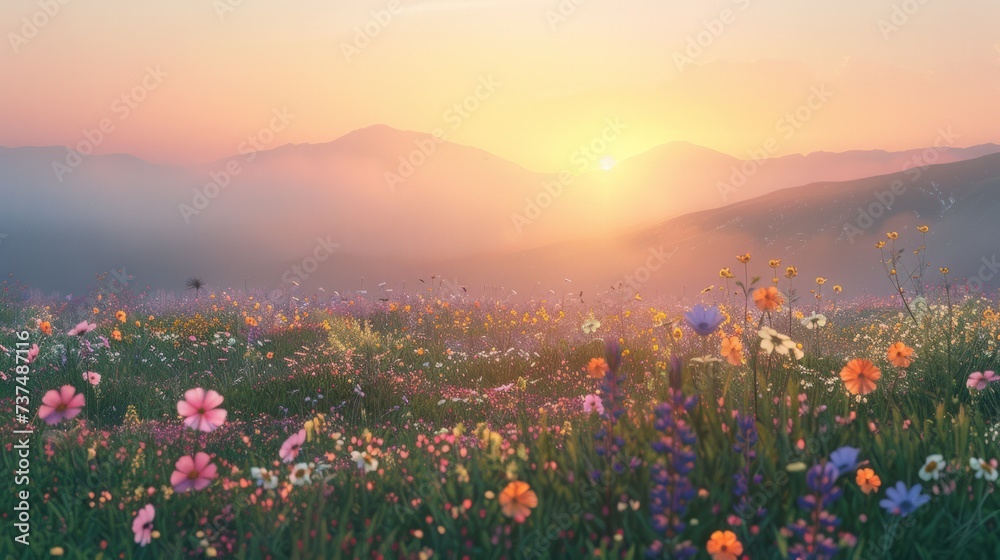 A tranquil meadow blanketed with wildflowers - obrazy, fototapety, plakaty 
