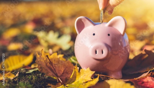 pink piggy bank in autumn leaves on the ground autumn background banner
